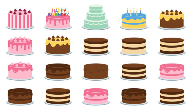 Birthday cake vector icons mega pack featuring chocolate strawberry tier cakes bakery desserts party frosting and festive anniversary pastry designs.