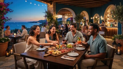 Fototapeta premium Friends enjoying a delightful charcuterie board dinner at a seaside restaurant at dusk