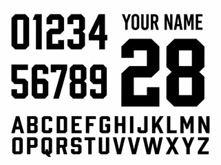Fototapeta premium Varsity sports font set featuring bold block alphabet and numbers for custom team jerseys and athletic apparel design.