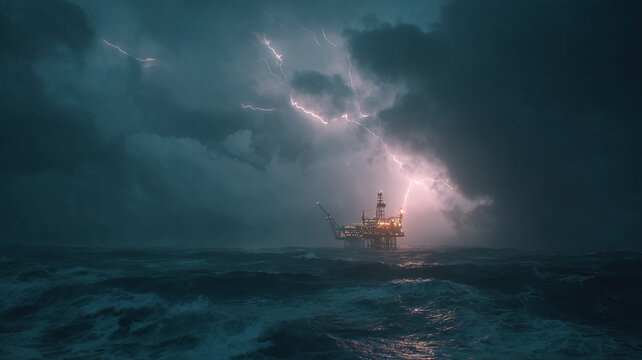 offshore oil platform in the middle of rough ocean during dramatic storm