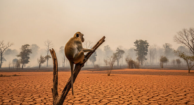 Monkey Sitting on Dead Tree Branch in Dry Cracked Earth Landscape