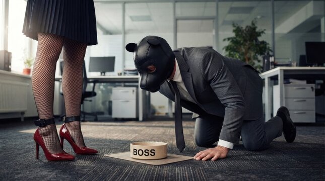 Man in Leather Dog Mask Crawling Near Woman in High Heels in Office