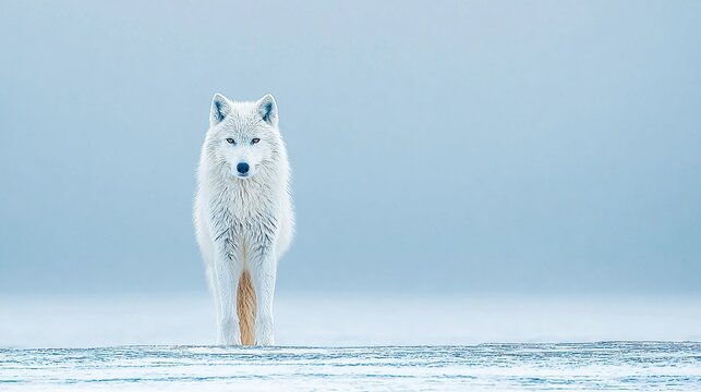 Majestic arctic wolf with piercing blue eyes stands proudly in a serene winter landscape, embodying resilience and the raw beauty of the frozen wilderness.
