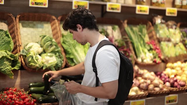  Adult man buyer choosing fresh zucchini in vegetable shop