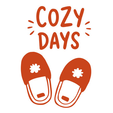 Cozy Days autumn sticker featuring warm red slippers, playful lettering and a relaxed home mood, perfect for seasonal lifestyle, comfort, fashion and cozy designs.