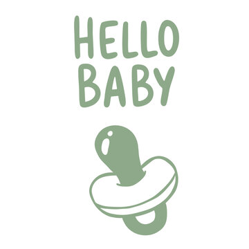 Hello Baby sticker featuring a cute pacifier and heart, designed for newborn, nursery, baby shower, parenting, maternity and sweet children's greeting themes.