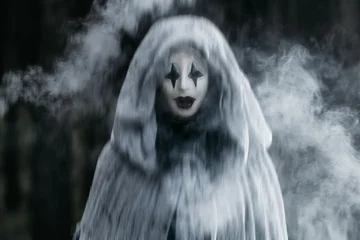 Spooky and scary Halloween themed image in a dark forest with smoke and an eerie woman with a mask. . © belyaaa