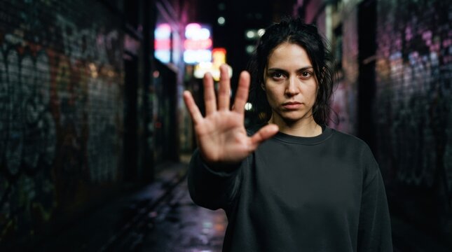 Woman Gesturing Stop in Urban Graffiti Alley