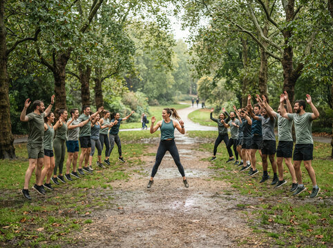 A large group performs jumping jacks together during an outdoor park fitness class