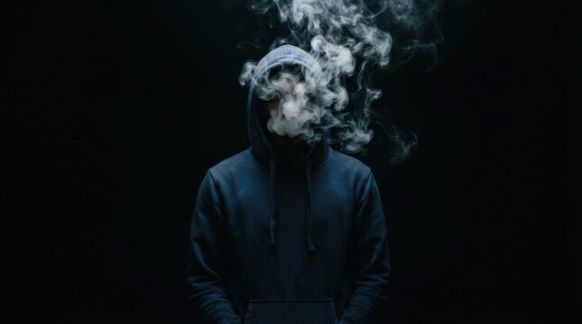Mysterious Figure in Hoodie Surrounded by Smoky Vapor