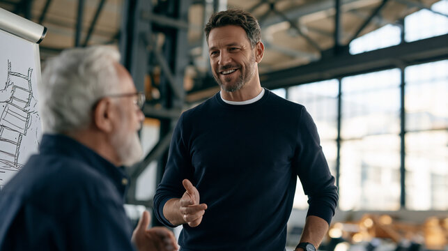 Executive coach standing near an elderly male client at a flip chart with a hand-drawn ladder diagram representing career ascent, raw industrial loft venue with steel beams and lar