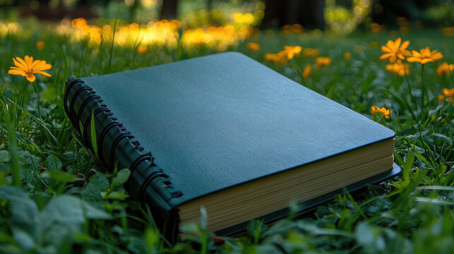 Green Textured Notebook Resting on Lush Green Grass with Yellow Wildflowers, Outdoor Serene Setting
