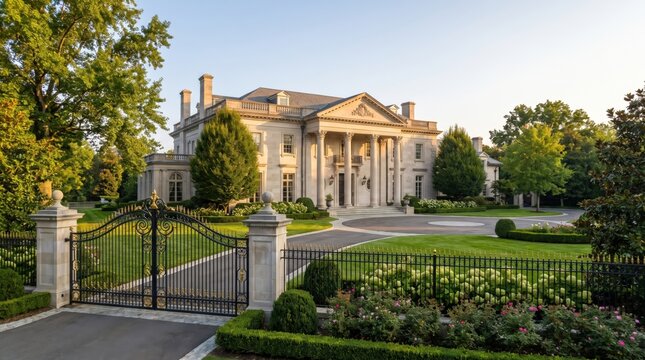 Palatial luxury residence with elegant wrought iron gate and landscaped grounds. Prestigious estate exterior highlighting timeless architecture and exclusive residential living concept.