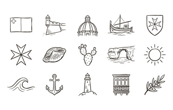 Malta travel and culture doodle art with traditional symbols historical items and maritime objects