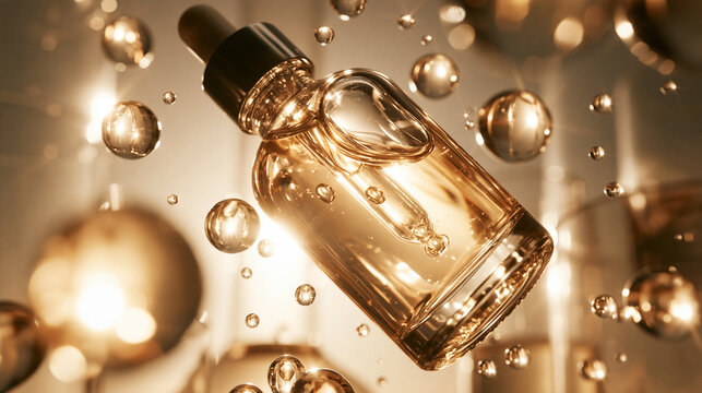 Minimalist serum bottle with glowing golden light droplets suspended around it, bright airy laboratory backdrop, advanced skincare formula concept, elegant refined composition, bea