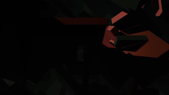 Abstract low poly geometric shapes rotating in dark orange light