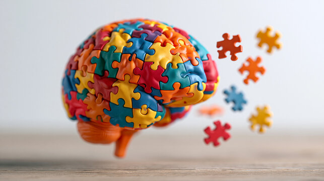 Colorful puzzle-piece brain illustration with a few pieces floating apart mid-air, bright clean background, detailed abstract design symbolizing mental exploration and idea-buildin