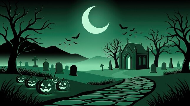 Spooky graveyard scene with a large crescent moon and eerie green lighting
