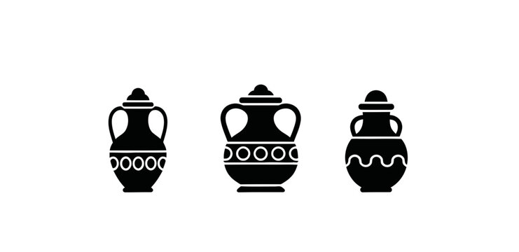 Three ancient amphorae with decorative patterns.