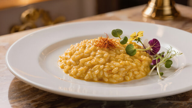 Creamy saffron risotto milanese with edible flowers and micro greens on a white plate, Italian fine dining restaurant food photography