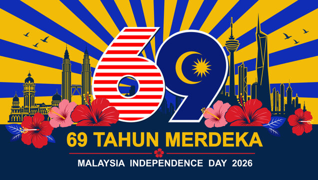 Vibrant 69 Tahun Merdeka Malaysia vector illustration featuring KL skyline, Merdeka 118, Bunga Raya, and bold sunburst backdrop.