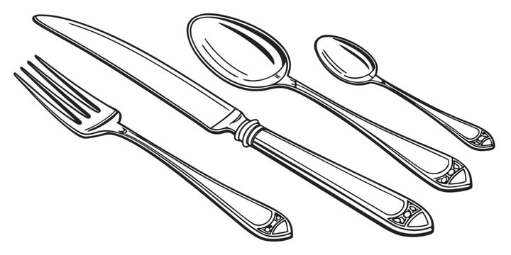 Vintage silverware set, fork, spoon, knife, and serving utensils on white background, serving spoon