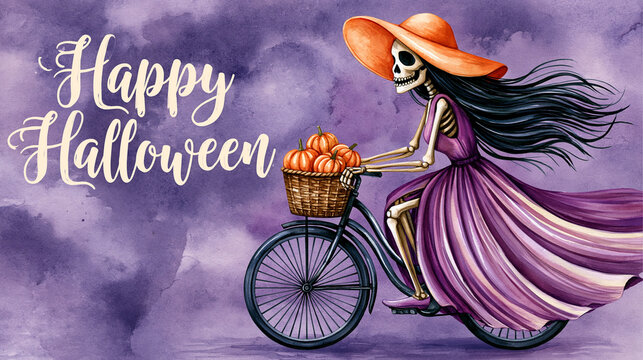 Watercolor Halloween illustration, whimsical side view of a stylish female skeleton riding a vintage bicycle, wearing a warm orange wide-brim hat and a purple outfit, basket on the