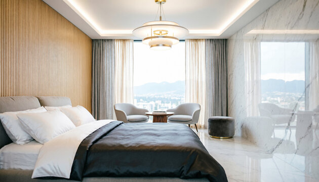 A comfortable king size bed nestled within a luxurious master suite featuring golden lighting accents soft window curtains and organized walk in storage closets for an enhanced living
