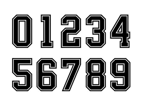 Athletic varsity numbers set 0-9 in black collegiate font with double outline for sports jersey design