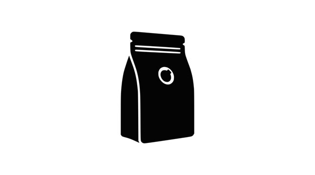 Black silhouette of a sealed bag with a round label on a white background