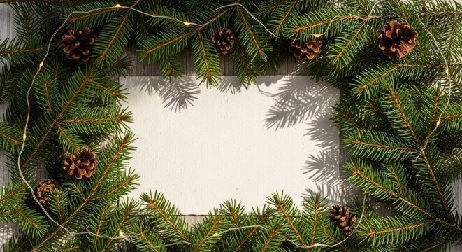 Fir branch frame with pine cones and lights.