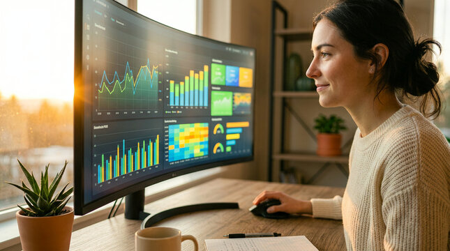 Woman reviewing financial dashboard charts at a warm sunset home office desk
