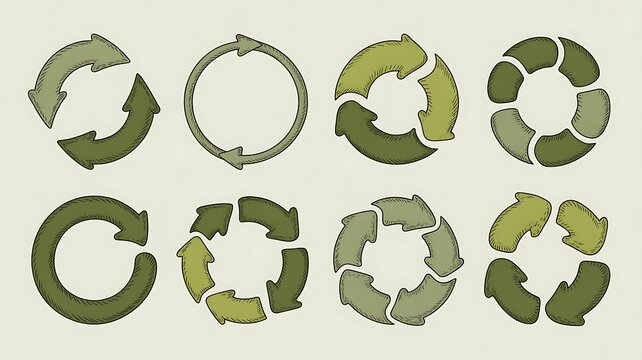 Green tones circle arrows. Cycle infographic icons set. Rotation round scheme process template. Hand drawn illustration.