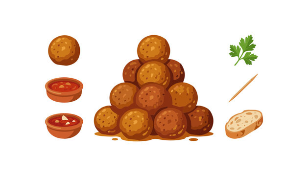 Traditional Spanish albondigas meatball vector illustration set featuring a heap of cooked meatballs tomato sauce bowls bread slice and toothpick on white background