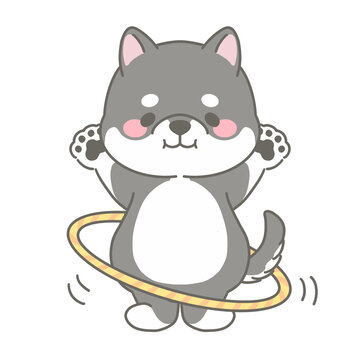 メタボの対策にフラフープを回してダイエットする黒い柴犬のキャラクター手描きイラスト