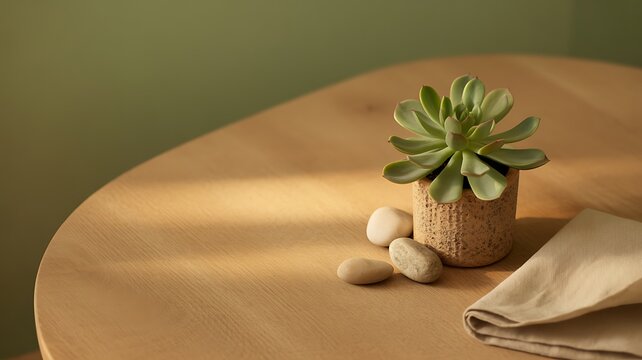 Minimalist wooden table with a succulent plant and natural decor against a soft, blurred green background. 