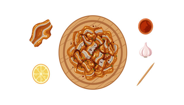 Traditional Spanish oreja de cerdo grilled pork ear vector illustration set featuring chopped ear meat on wooden plate garlic chili and toothpick on white background