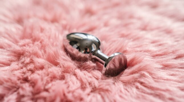 Metal Adult Toy Resting on Pink Fluffy Fur Close Up