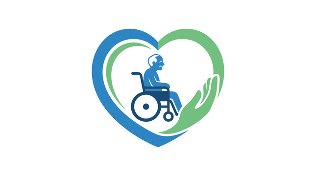 Elderly care logo with senior man in wheelchair, heart shape and caring hand icon, nursing home and disability support vector