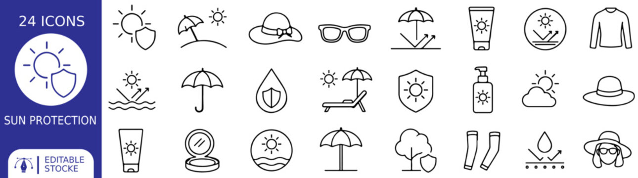 24 Sun Protection Vector Outline Icons Set &ndash; Sunscreen, Sunblock, Beach, Umbrella, Summer and UV Protection Line Symbols Collection