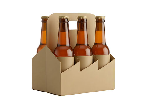 A sixpack of amber glass beer bottles in a plain cardboard carrier isolated on transparent background