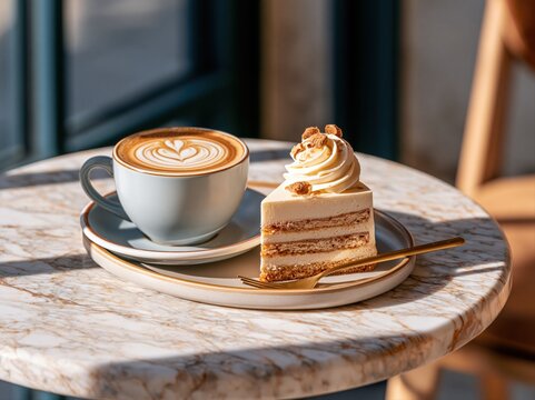 Fresh coffee and cake served on a marble table in a cozy cafe during the afternoon