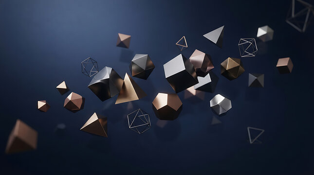 Collection of geometric shapes floating in dark space with metallic reflections transparent background