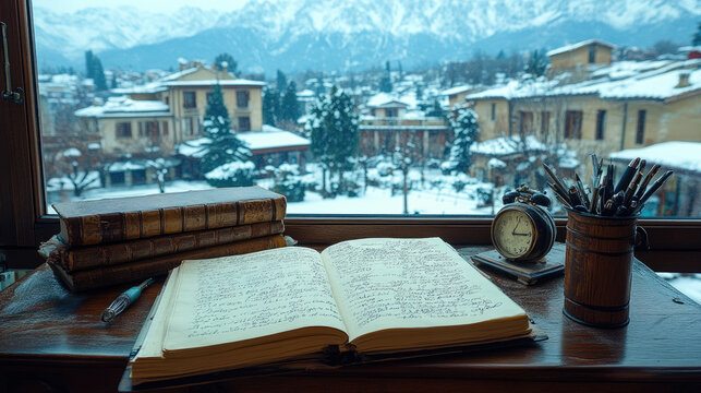 Cozy Winter Scene: Open Book, Old Books, Alarm Clock, and Art Supplies on a Snowy Window Sill with Mountain View