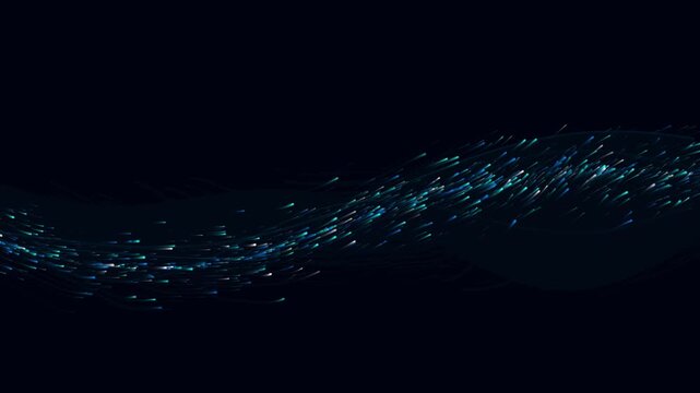 Abstract blue light particles flowing in wave motion, glowing digital data stream on black background, futuristic energy trail animation