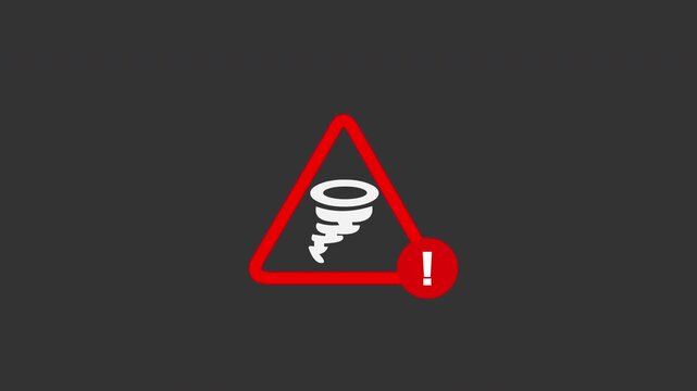 2D Tornado Warning Sign with Red Hazard Triangle and Severe Weather Symbol on Black Background