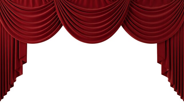 Swag red velvet curtain valance with decorative folds for theater window treatment isolated on transparent background luxury textile element for interior design set