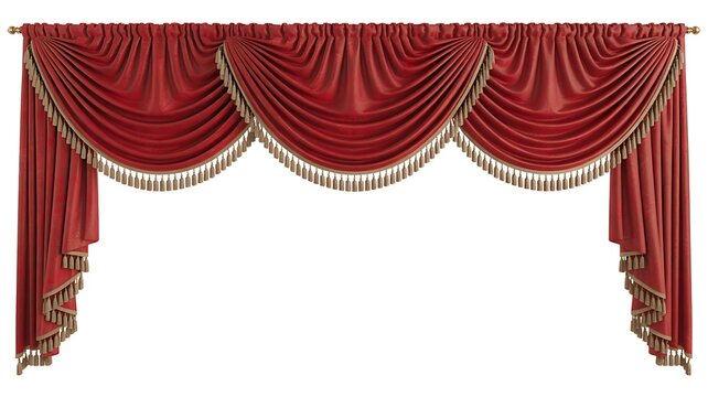 Swag red velvet curtain valance with decorative folds for theater window treatment isolated on transparent background luxury textile element for interior design set