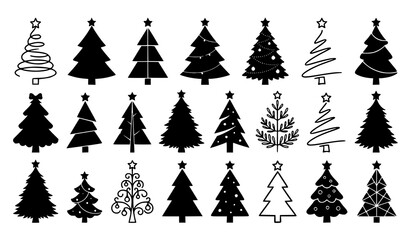 Obraz premium Collection of hand drawn Christmas tree illustrations in different shapes styles and decorative monochrome designs