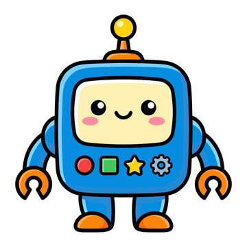 Cute cartoon robot with rounded features is depicted as a vibrant vector illustration digital toy